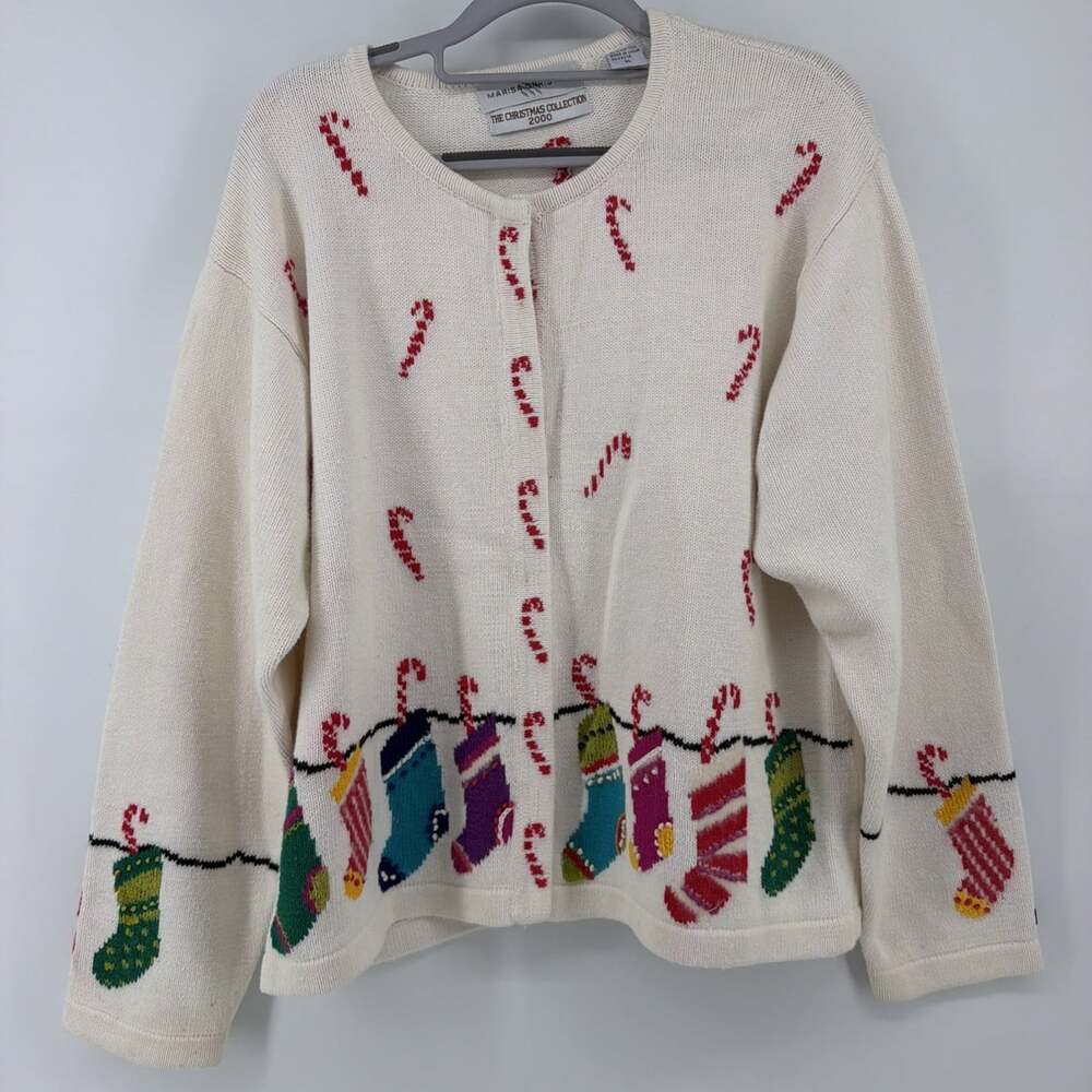 VTG Marisa Christina Christmas Cardigan Sweater XL Candy Cane Stocking